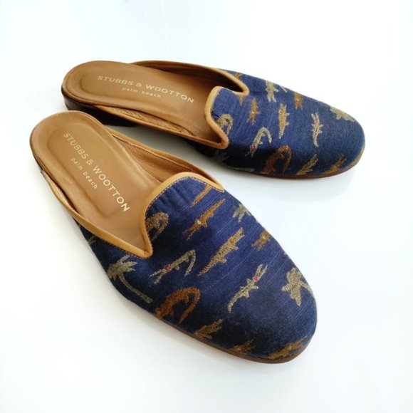 Stubbs & Wootton Shoes - Stubbs & Wootton Linen Mules with Alligator motif - Navy and brown - 6